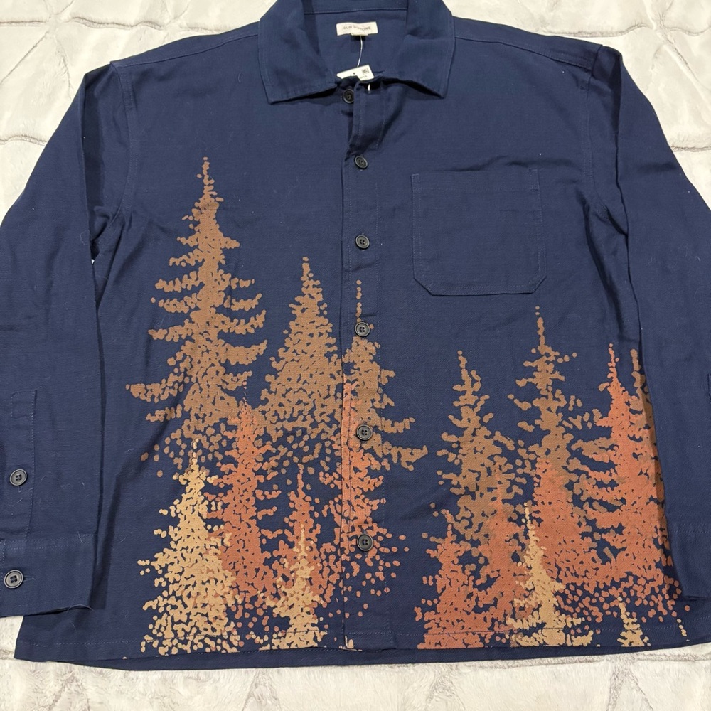 Vintage Sun & Stone Navy Cotton Button Down Shirt Tree Pattern NWT Large Fall - Picture 2 of 8